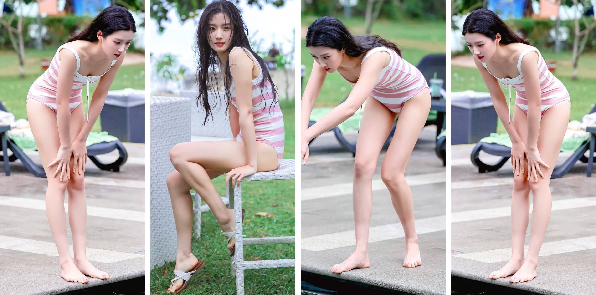 卢昱晓壁纸：条纹泳装穿搭