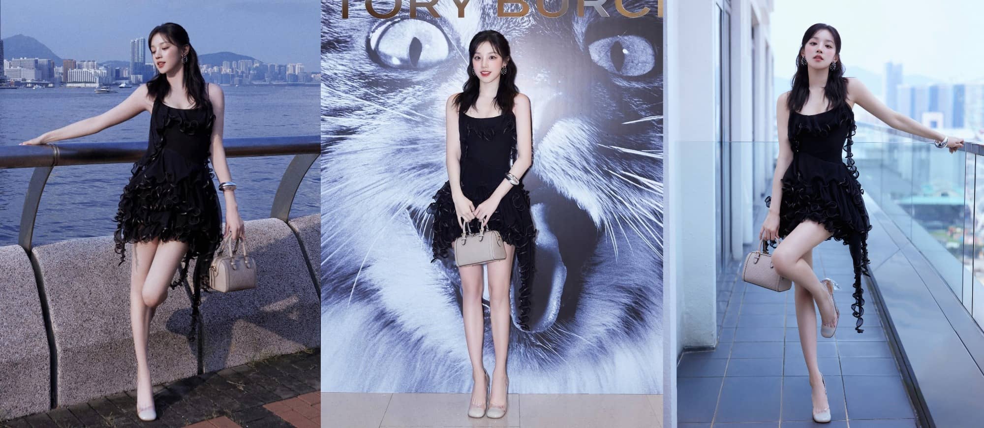 宋雨琦一身黑色妆造型秀美腿，清甜怡人