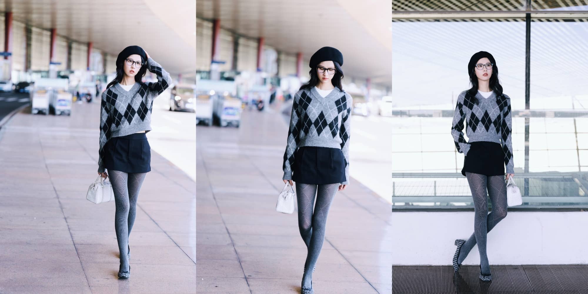 陈都灵秋季英伦风穿搭：灰色羊绒连裤袜，文艺气场全开