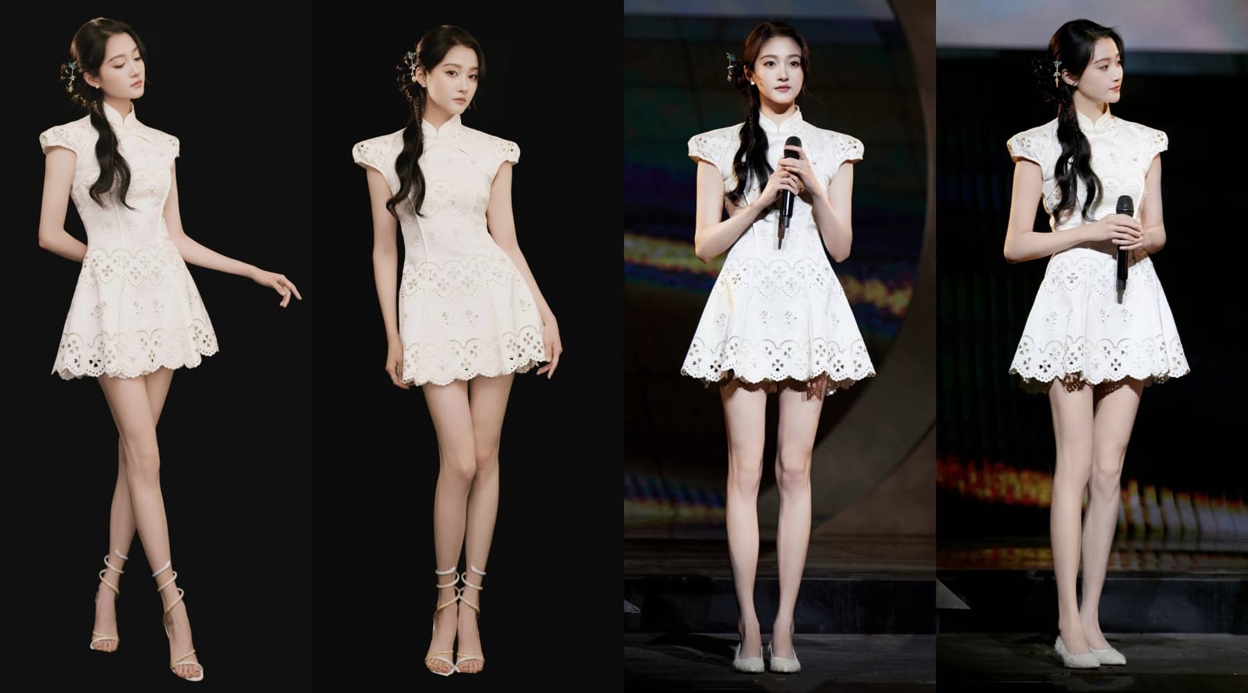 关晓彤晚会造型，白色蕾丝短裙大长腿，灵气满满