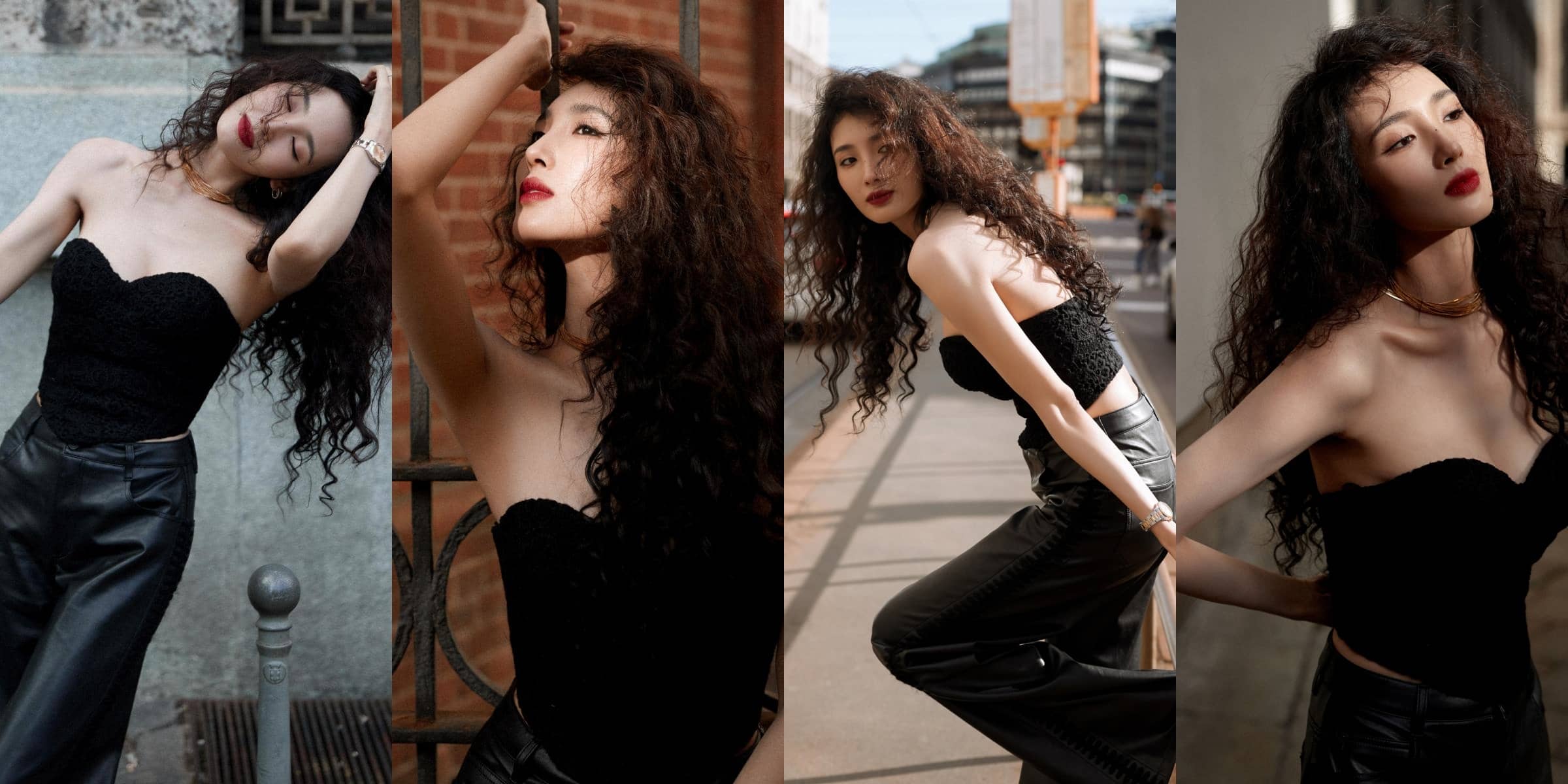 王紫璇街拍大片：卷发黑衣，热烈飒爽，酷辣值满分