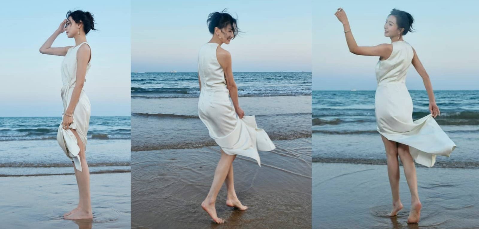 万茜海边白裙穿搭美拍，甜笑可人