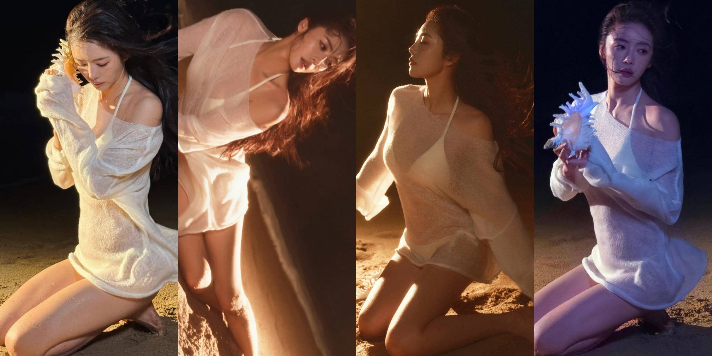 蔡文静，白色沙滩泳装，身材管理真好