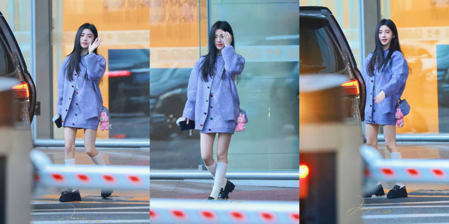 鞠婧祎，机场蓝色系穿搭，好甜的小姐姐