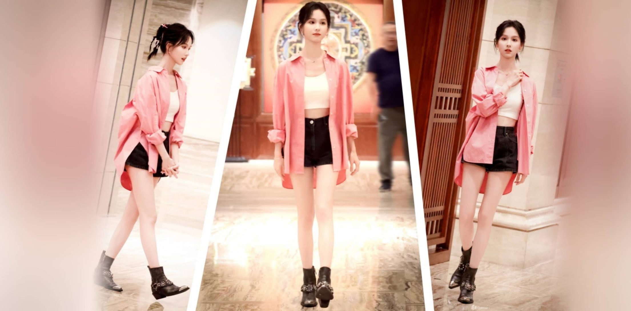 陈都灵，粉色衬衣美腿妆造，纯美可人