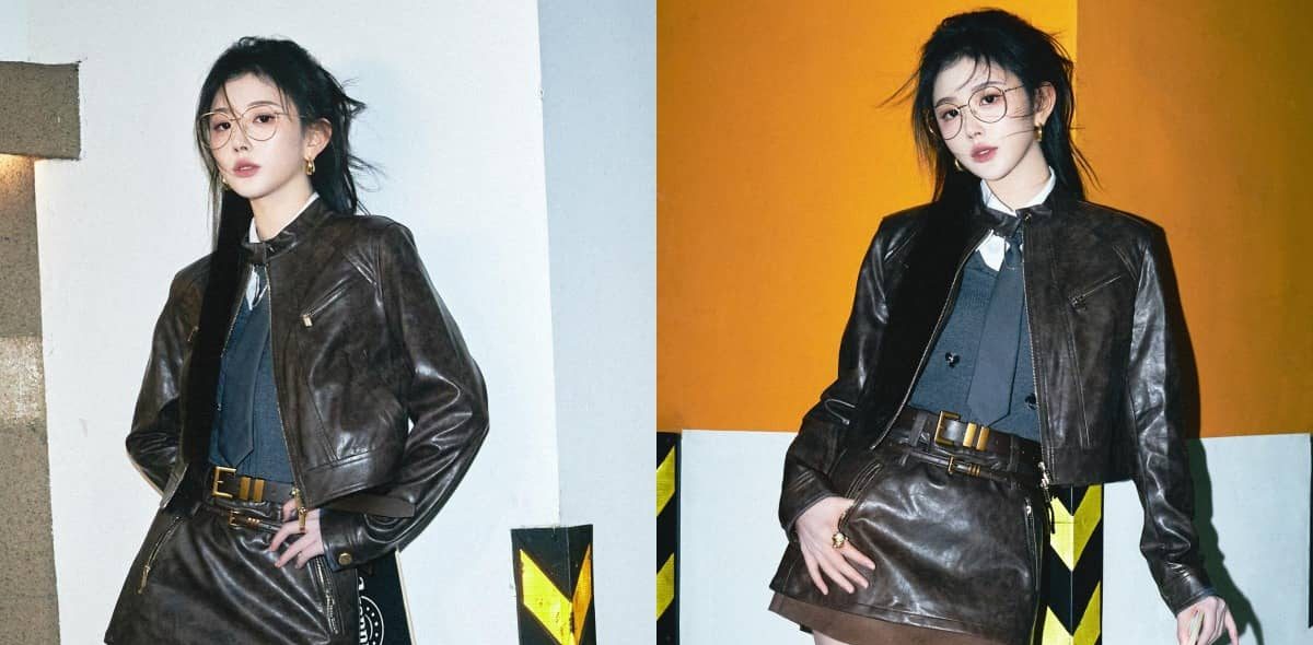 孔雪儿壁纸，黑色穿搭美腿，酷感十足的眼镜姐姐