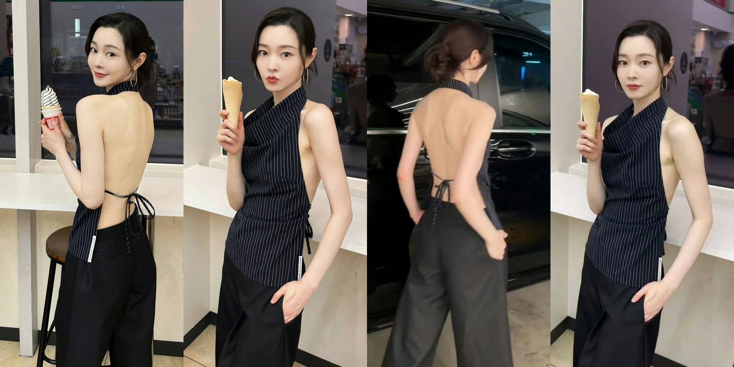 宋轶，一身黑色条纹挂脖裙，好白的美背，温柔尽显