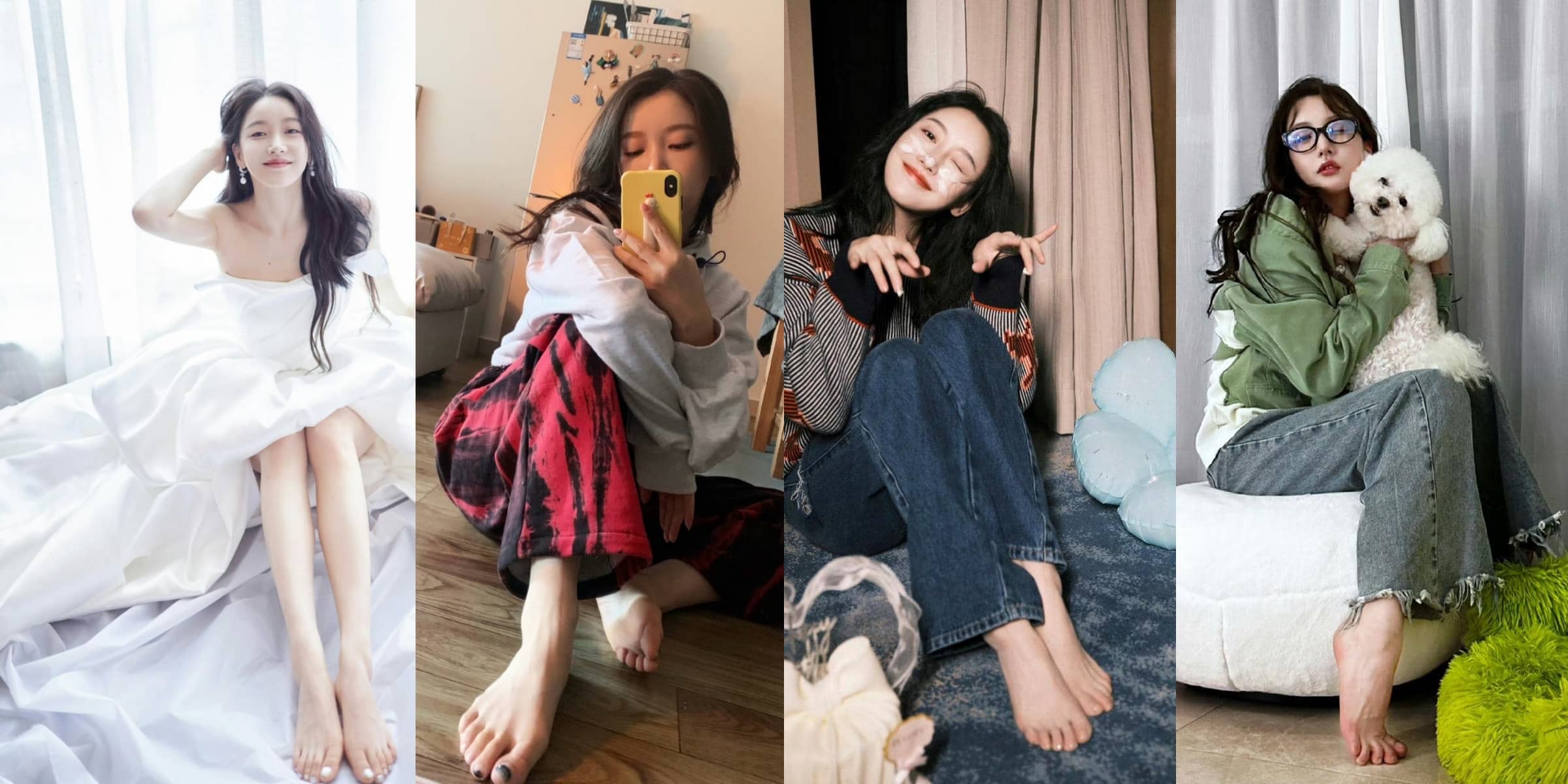 姜贞羽，甜美裙装光脚丫俏皮感