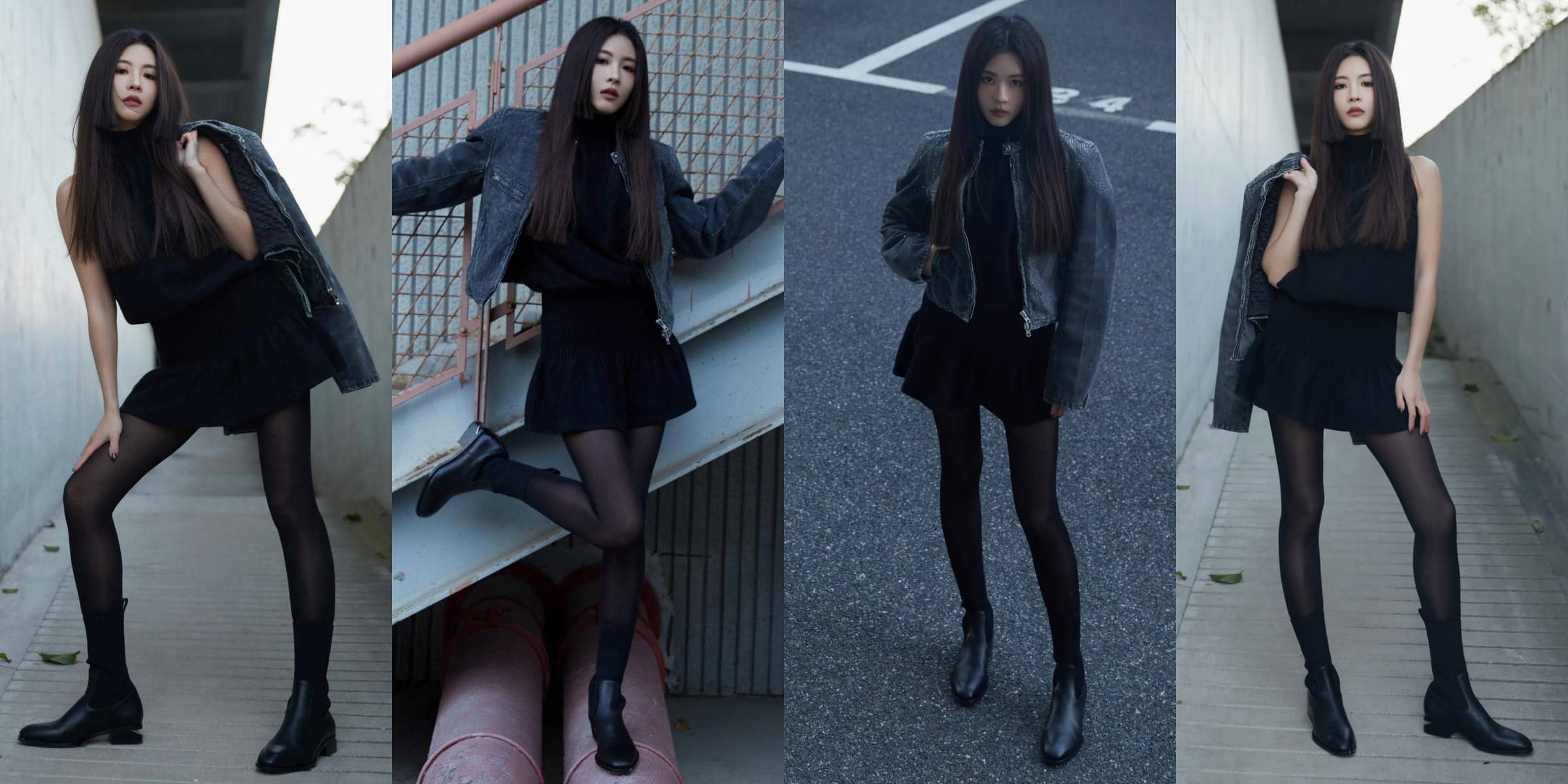 孙芮，冬日厚黑美学丝袜美腿穿搭，冷酷迷人
