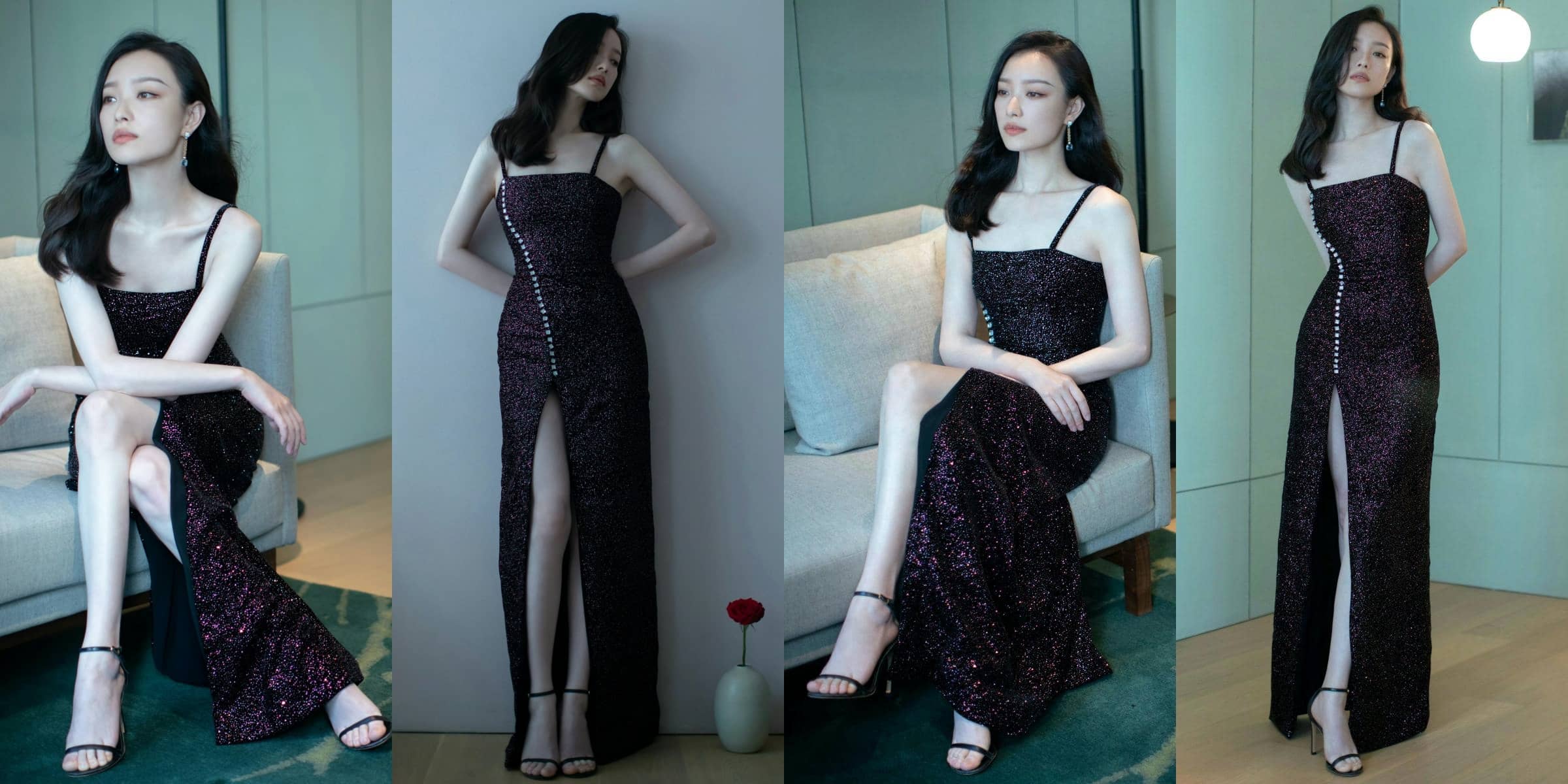 倪妮，黑色长裙搭配一字带高跟，靓丽优雅