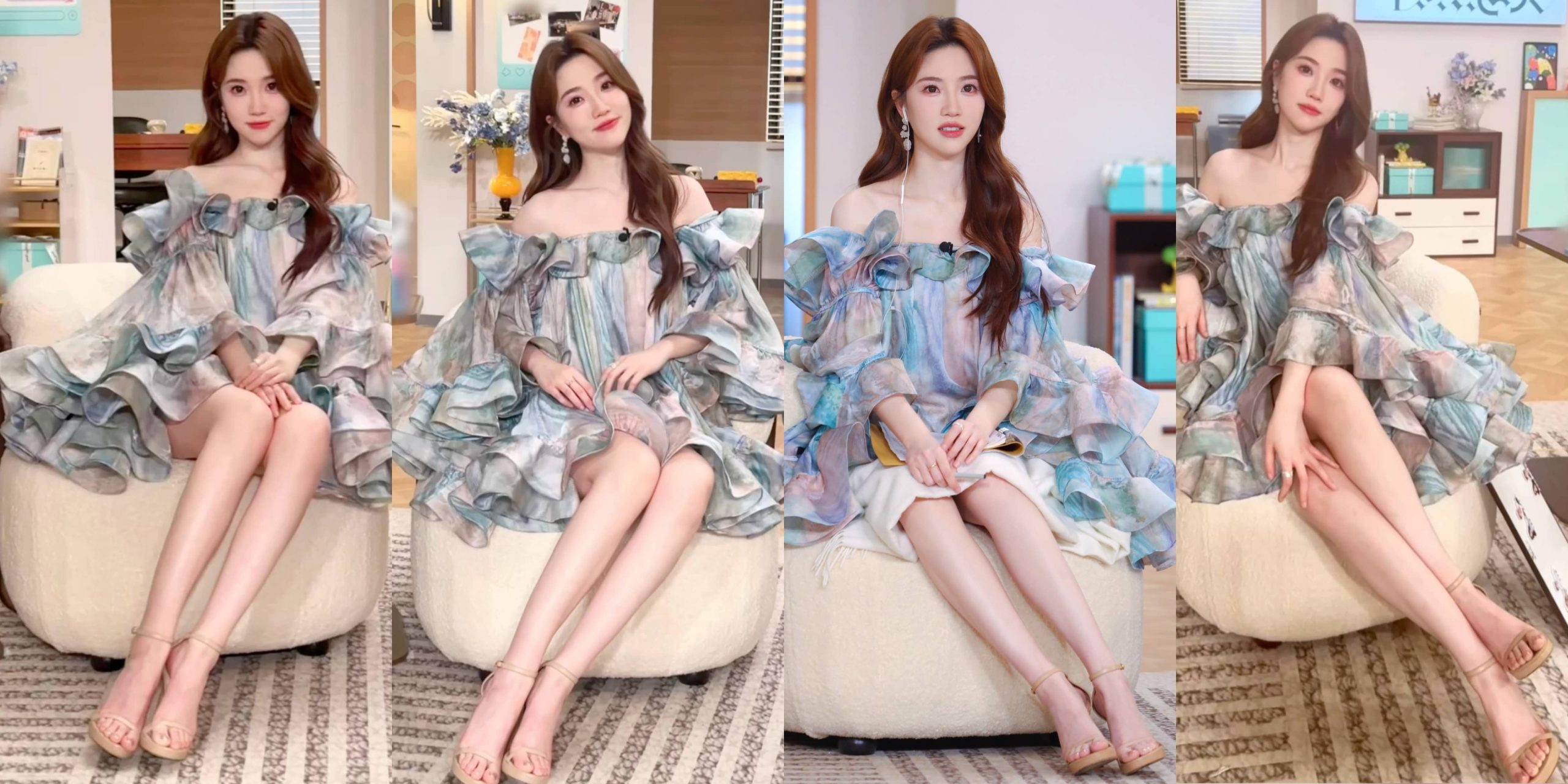 张纯烨全新美腿妆造，一字带高跟，温柔甜美