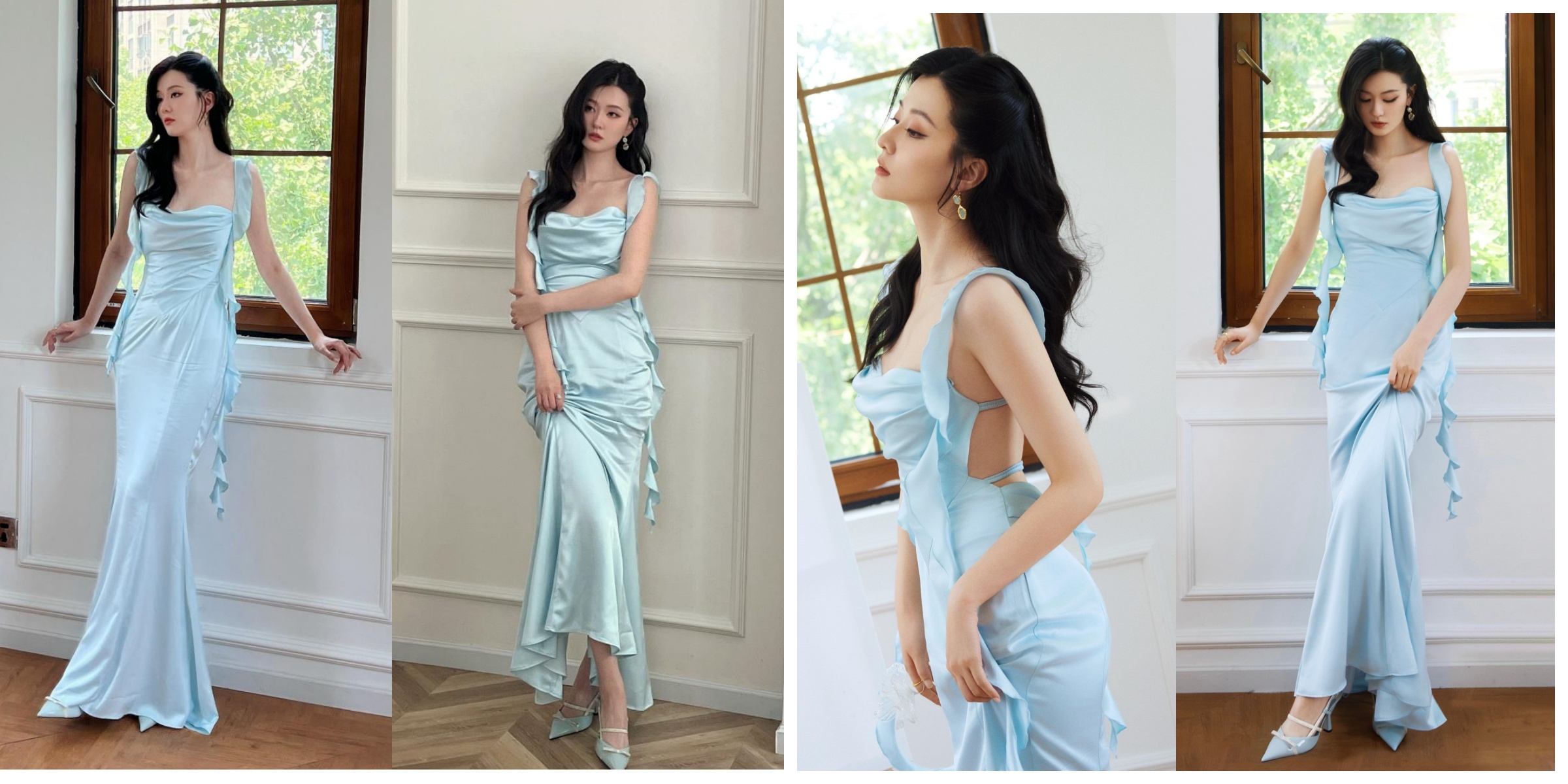 乔欣穿搭壁纸：一身蓝色缎面裙装，轻柔甜美