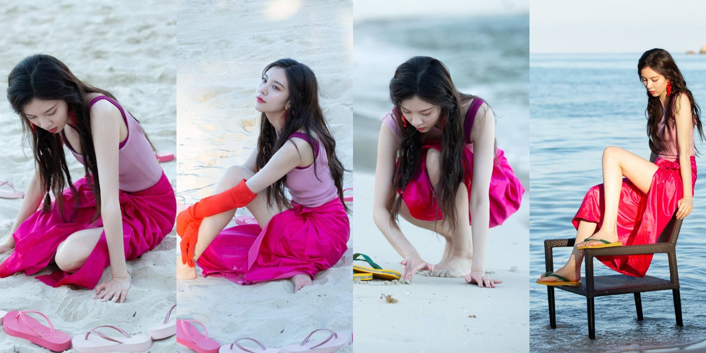 宋妍霏，海滩粉裙美腿，柔美优雅