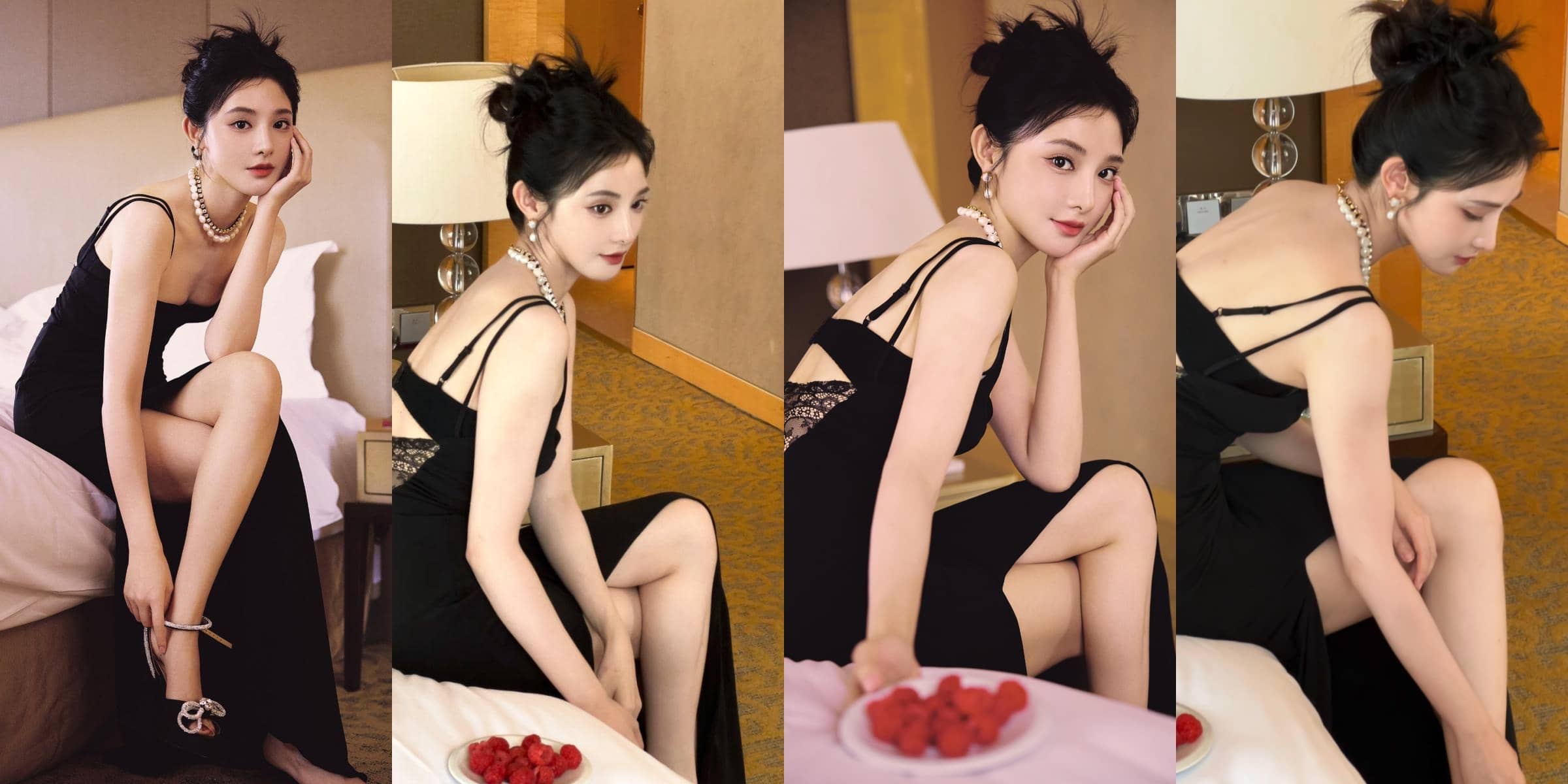 彭小苒抹胸吊带裙穿搭，好生精致